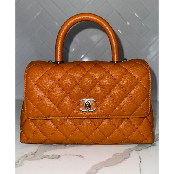 Chanel 21A Caramel Brown Caviar Mini Small Coco Handle CC Quilted Chain Flap Bag - Picture 4 of 16